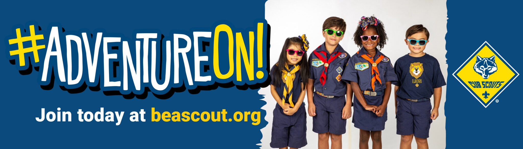 Adventure On 2023 Web Banner - #AdventureOn - 2100x600 sunglasses and uniforms